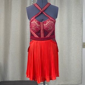 Red lace and chiffon pleated dress